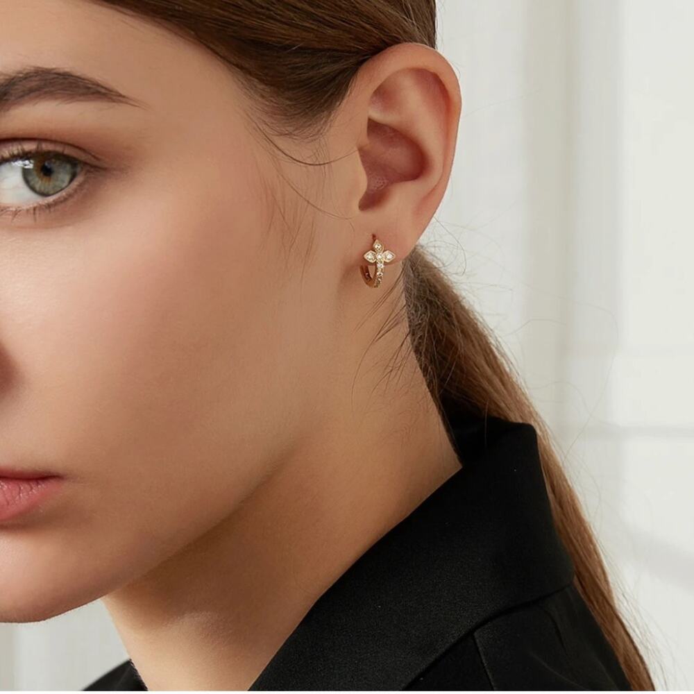 NEW 14K yellow gold pl over sterling silver CZ hoop cross earrings jewelry B5A - Picture 3 of 9